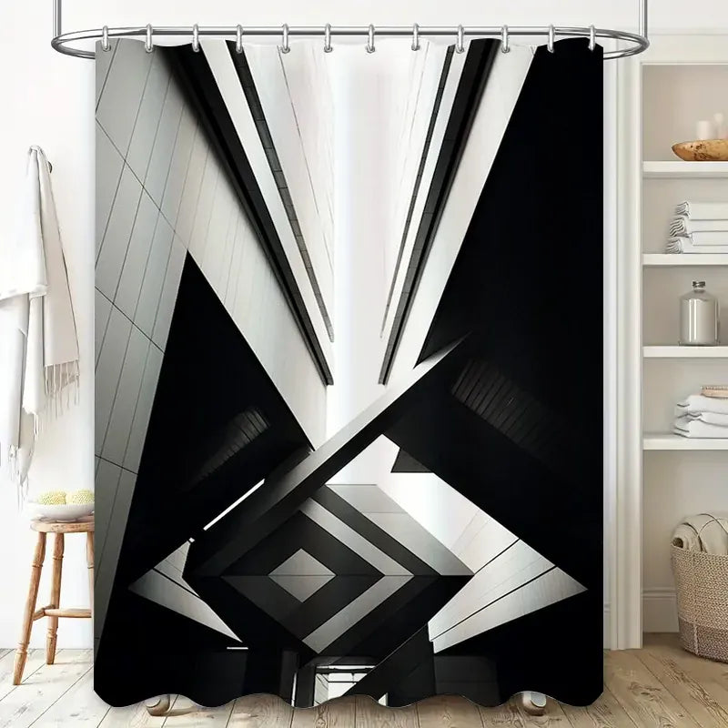 00461907 / 90x180cm Rideau de Douche Étanche Noir & Blanc – Motif Géométrique Minimaliste Moderne avec Crochets Inclus
