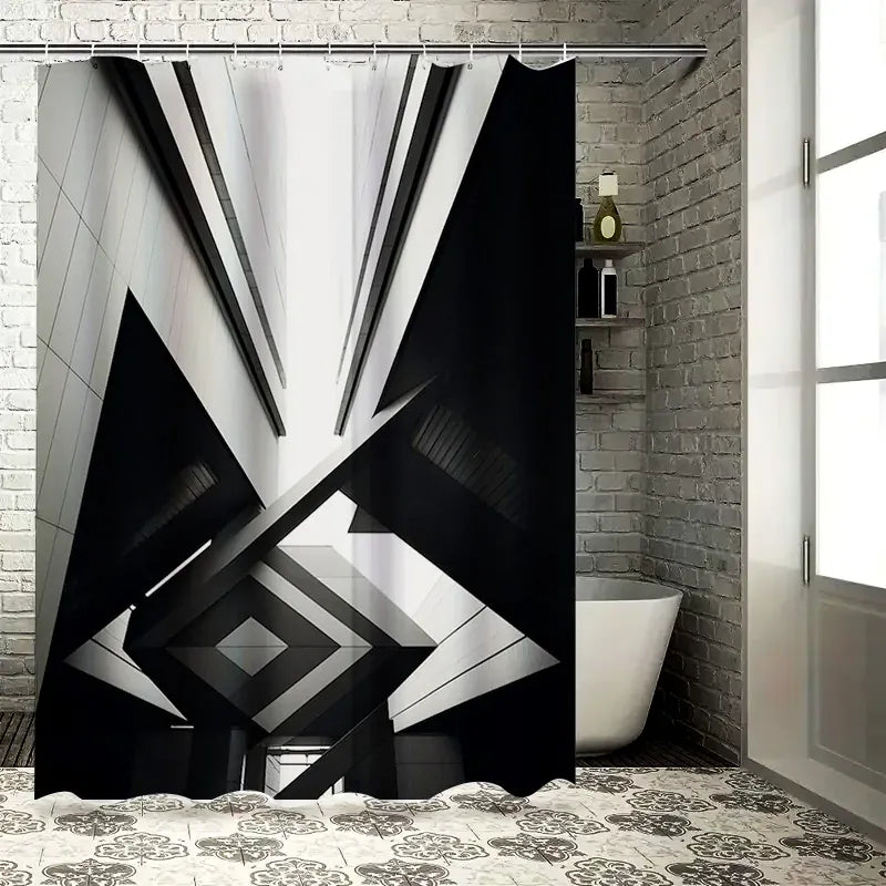 00461907 / 90x180cm Rideau de Douche Étanche Noir & Blanc – Motif Géométrique Minimaliste Moderne avec Crochets Inclus