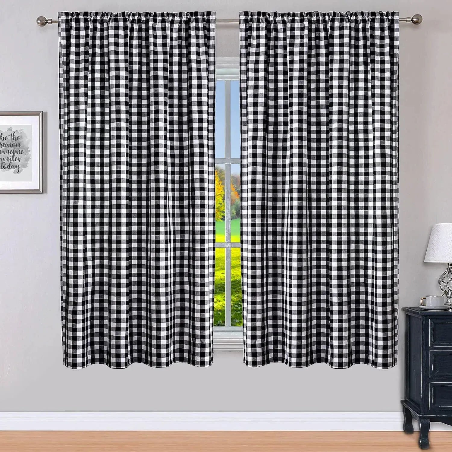 1 panel black / W145XH50cm Rideaux à Carreaux Buffalo – Style Maison de Campagne Effet Tissé, Déco de Noël à Motif Gingham avec Cantonnières à Poche de Tringle