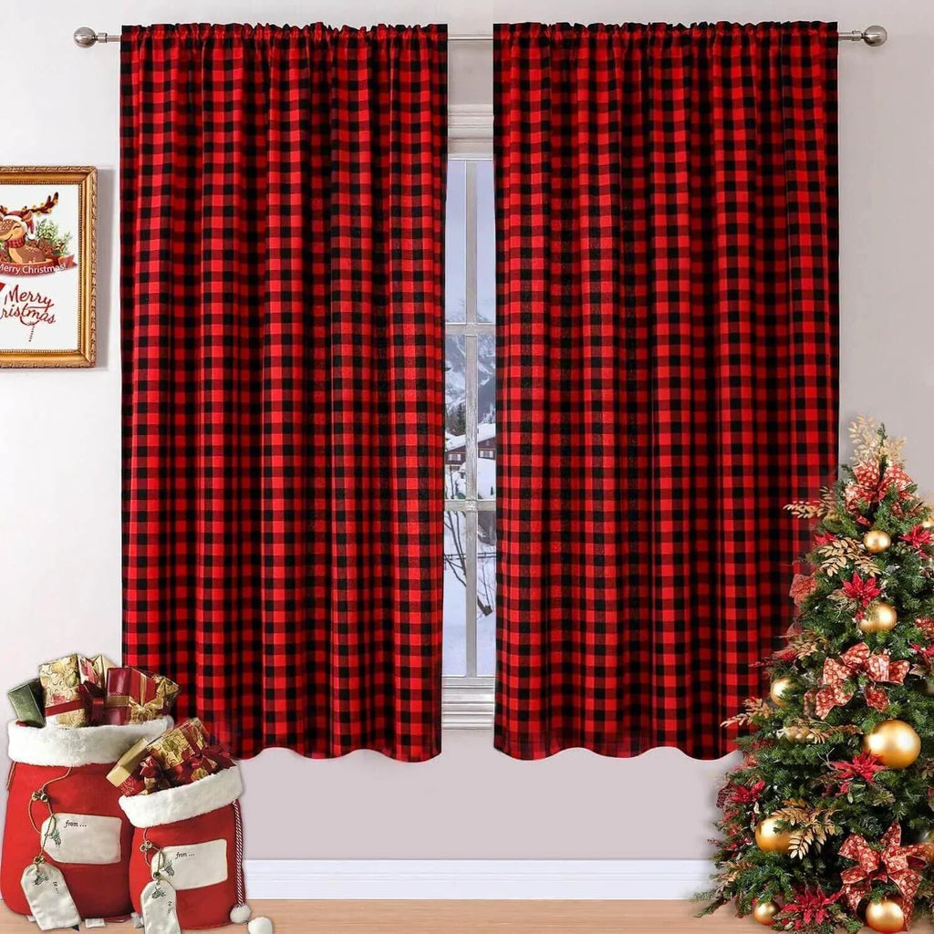 1 panel Red / W145XH50cm Rideaux à Carreaux Buffalo – Style Maison de Campagne Effet Tissé, Déco de Noël à Motif Gingham avec Cantonnières à Poche de Tringle