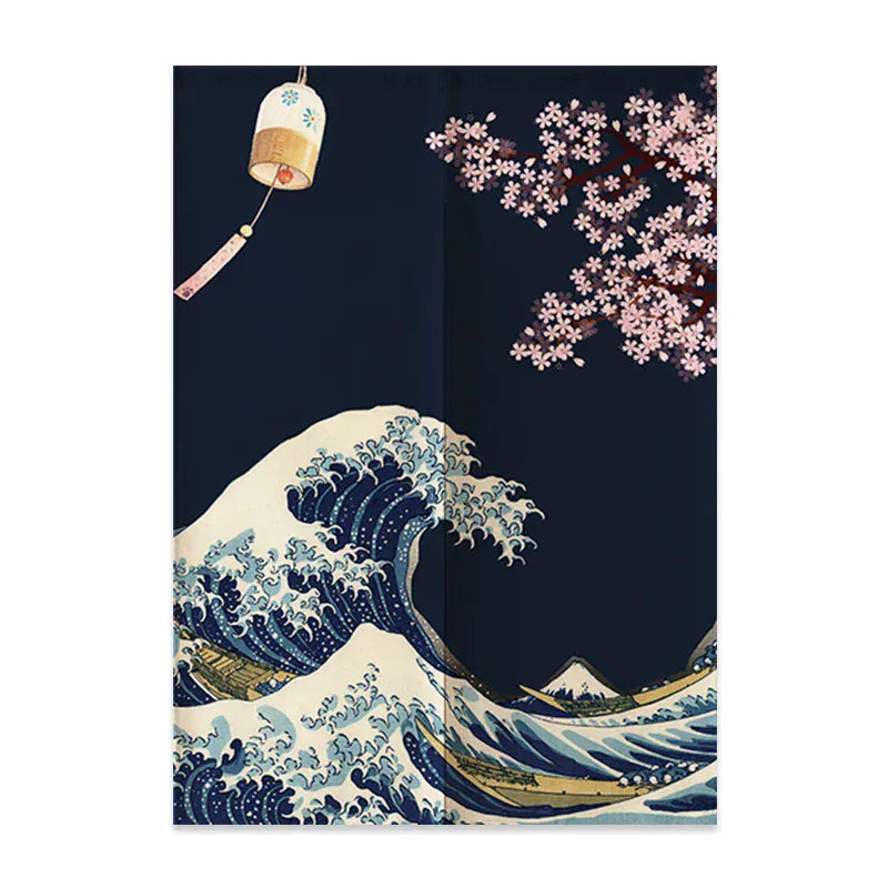 11 / 85x180cm Noren Japonais en Lin – Mont Fuji et Vagues, Rideau Demi-Porte pour Séparation Chambre, Cuisine ou Entrée