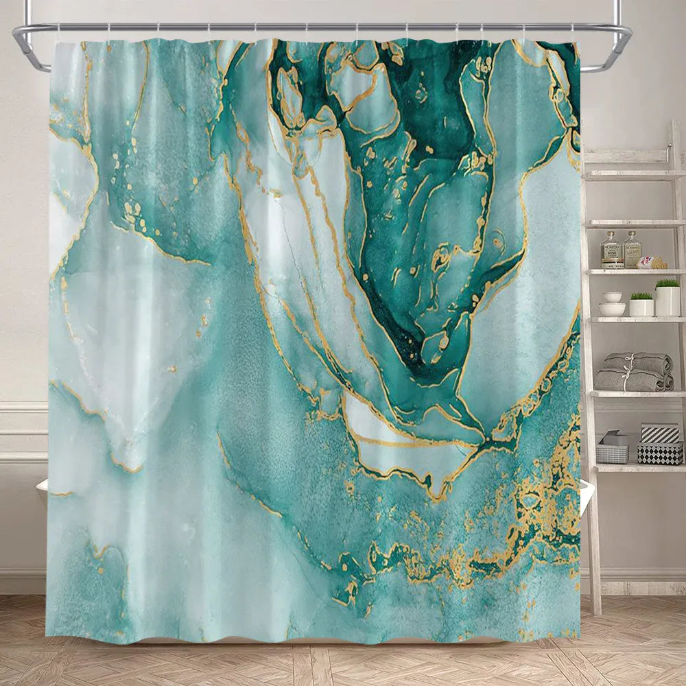 1284SC / 150x180cm-60x70in Rideau de Douche Imperméable – Design Marbre Noir & Vert avec Détails Dorés Craquelés Modernes