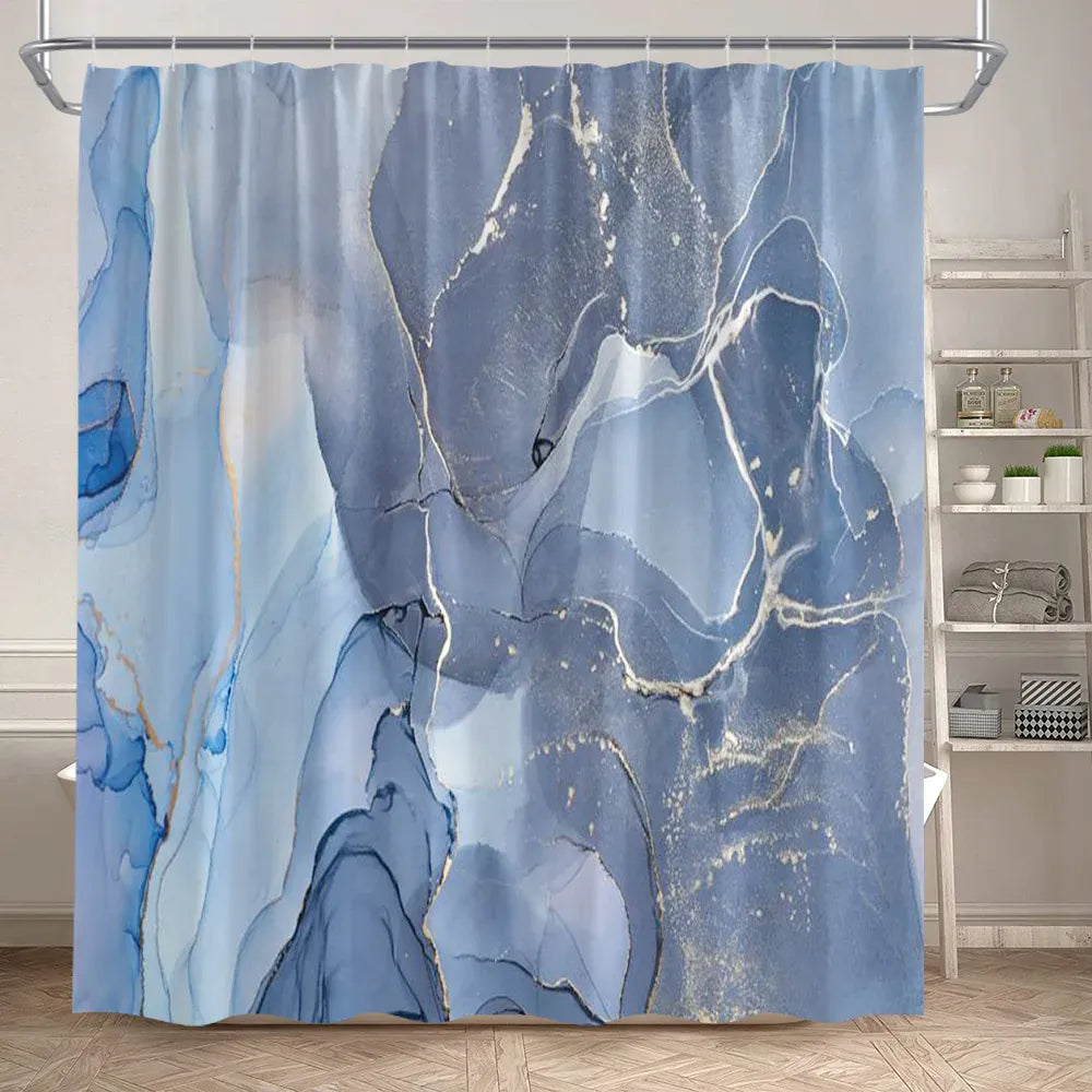 1335SC / 240x180cm-94x70in Rideau de Douche Imperméable – Design Marbre Noir & Vert avec Détails Dorés Craquelés Modernes