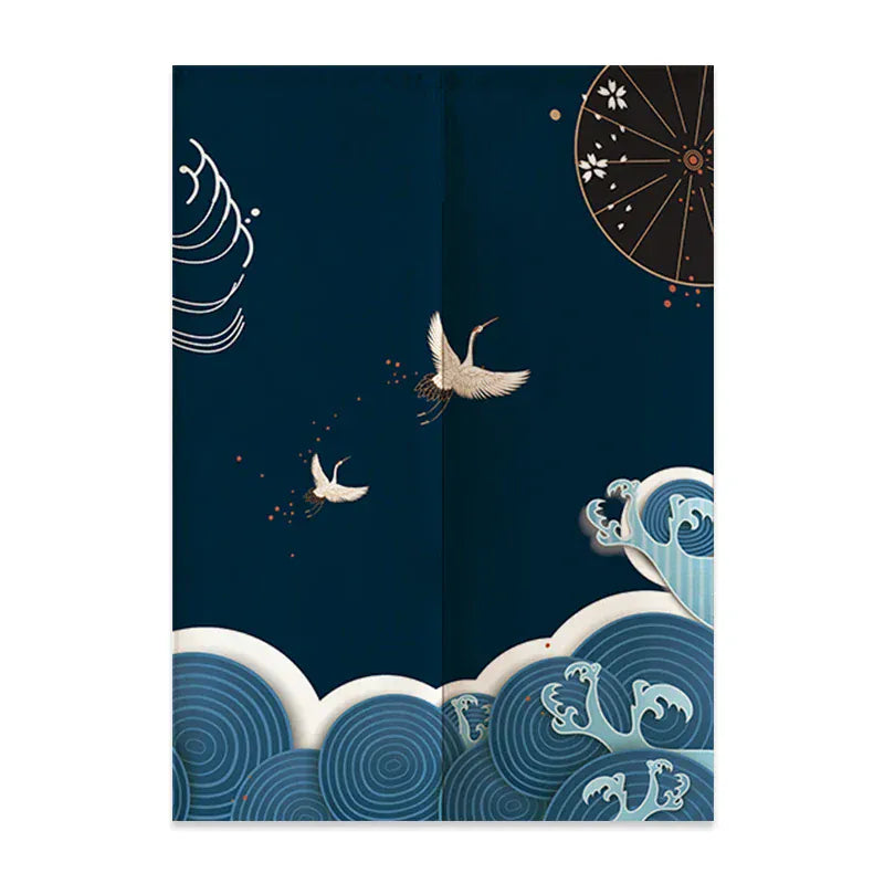 14 / 140x200cm Noren Japonais en Lin – Mont Fuji et Vagues, Rideau Demi-Porte pour Séparation Chambre, Cuisine ou Entrée