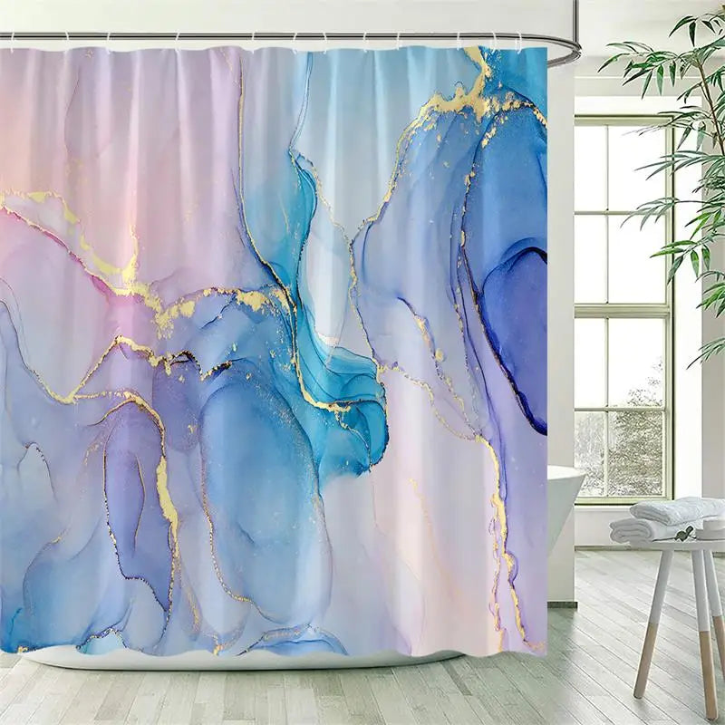 1423SC / 180x180cm-70x70in Rideau de Douche Imperméable – Design Marbre Noir & Vert avec Détails Dorés Craquelés Modernes