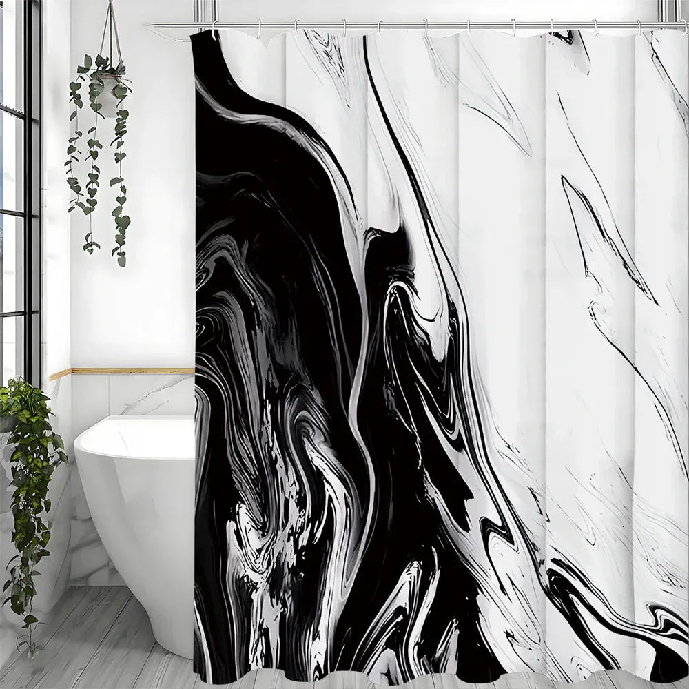 150*180cm Rideau de Douche Imperméable – Design Marbre Noir Abstrait et Géométrique pour Salle de Bain Moderne