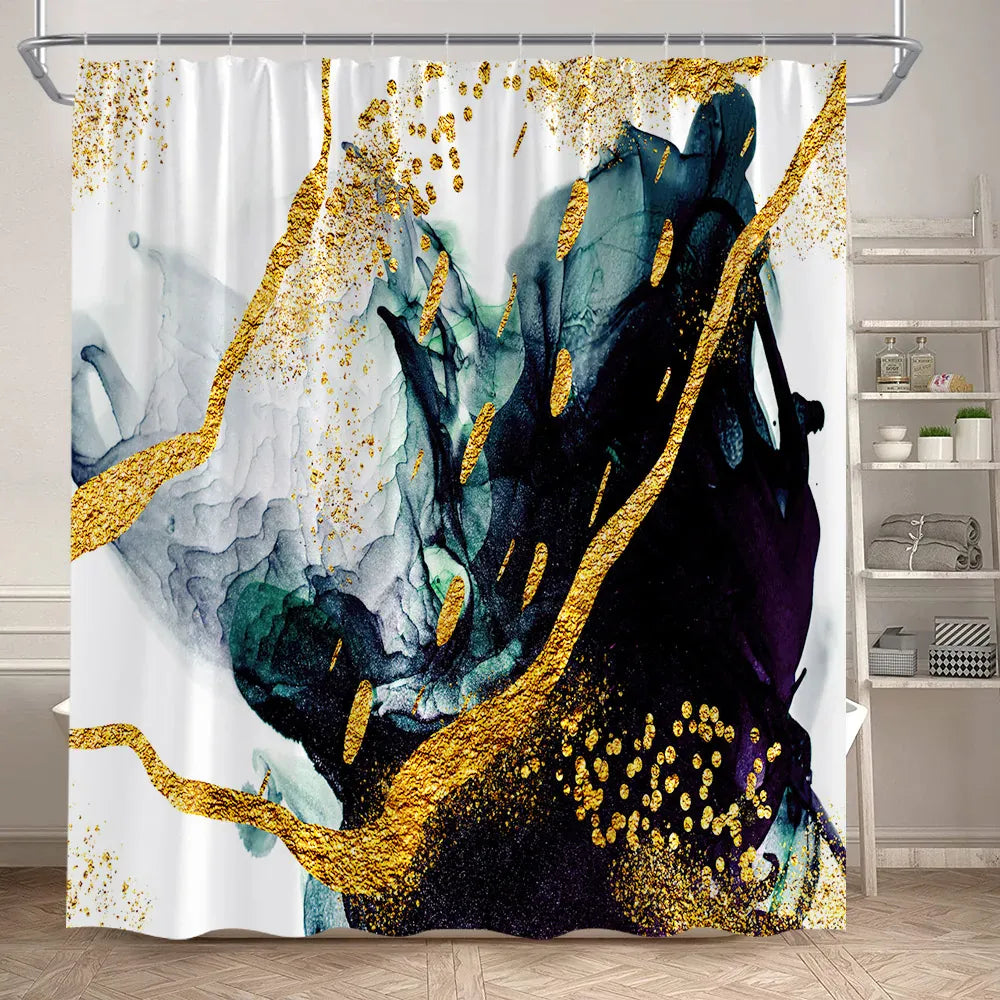 1555AI / 200x180cm-78x70in Rideau de Douche Imperméable – Design Marbre Noir & Vert avec Détails Dorés Craquelés Modernes