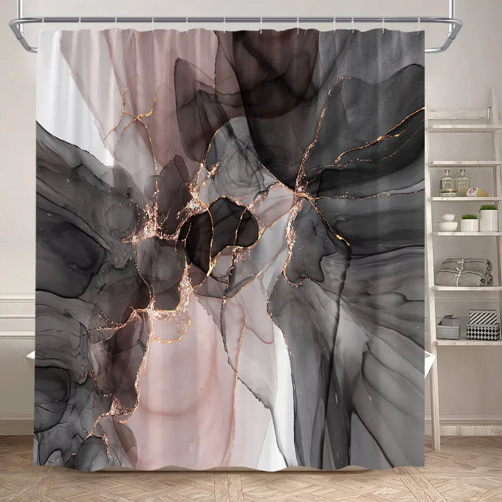 1558AI / 240x180cm-94x70in Rideau de Douche Imperméable – Design Marbre Noir & Vert avec Détails Dorés Craquelés Modernes