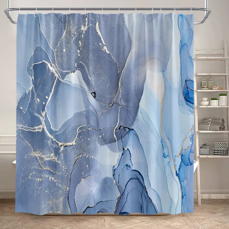 155SE / 180x230cm-70x90in Rideau de Douche Imperméable – Design Marbre Noir & Vert avec Détails Dorés Craquelés Modernes