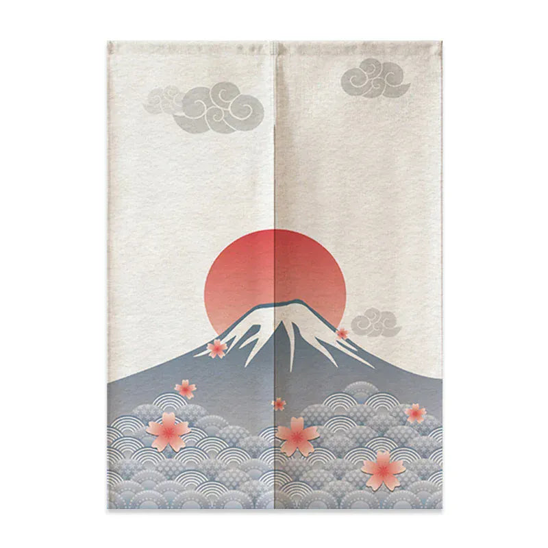 17 / 140x160cm Noren Japonais en Lin – Mont Fuji et Vagues, Rideau Demi-Porte pour Séparation Chambre, Cuisine ou Entrée