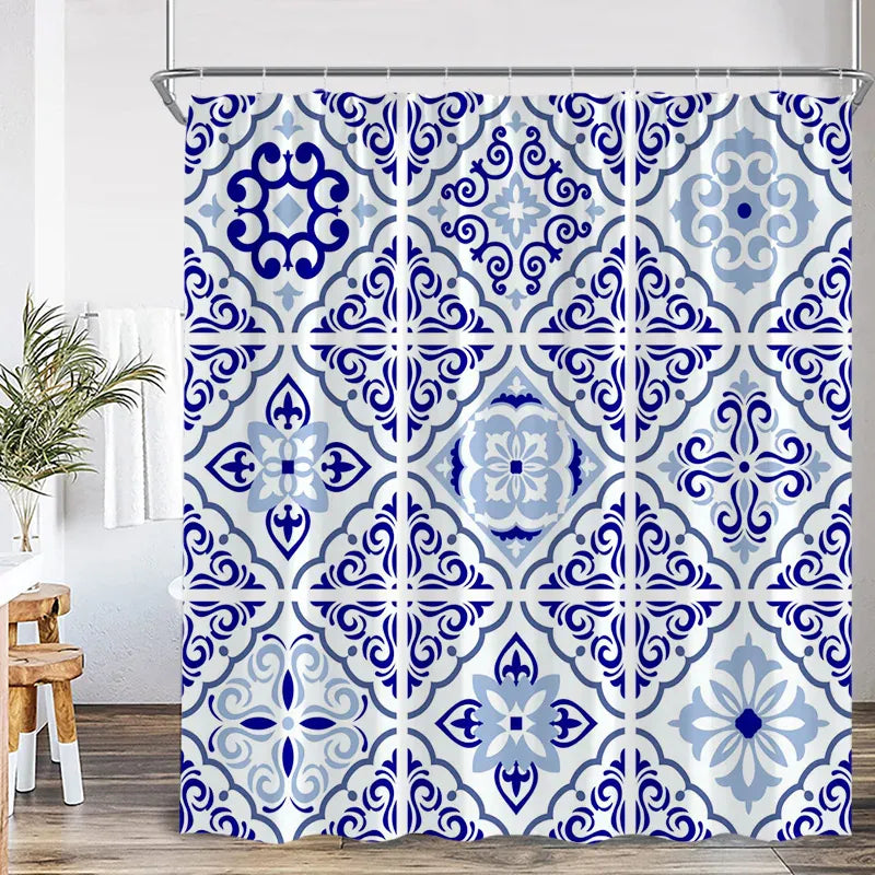 1725SC / 180x210cm-70x83in Rideau de Douche Bohème Bleu – Mandala Indien Ethnique en Polyester avec Crochets Inclus