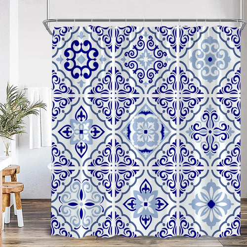1725SC / 180x210cm-70x83in Rideau de Douche Bohème Bleu – Mandala Indien Ethnique en Polyester avec Crochets Inclus