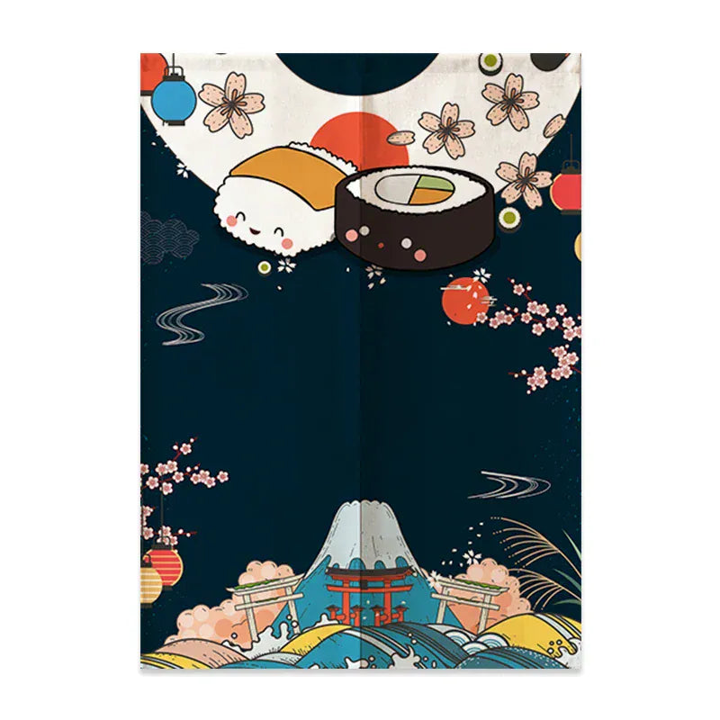 2 / 140x200cm Noren Japonais en Lin – Mont Fuji et Vagues, Rideau Demi-Porte pour Séparation Chambre, Cuisine ou Entrée