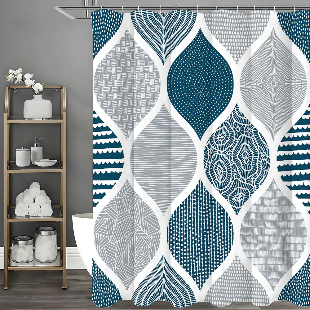 200*180cm Rideau de Douche Bohème Bleu – Motif Géométrique Décoratif Étanche avec Crochets Inclus