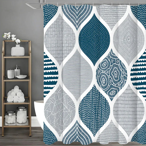 200*180cm Rideau de Douche Bohème Bleu – Motif Géométrique Décoratif Étanche avec Crochets Inclus
