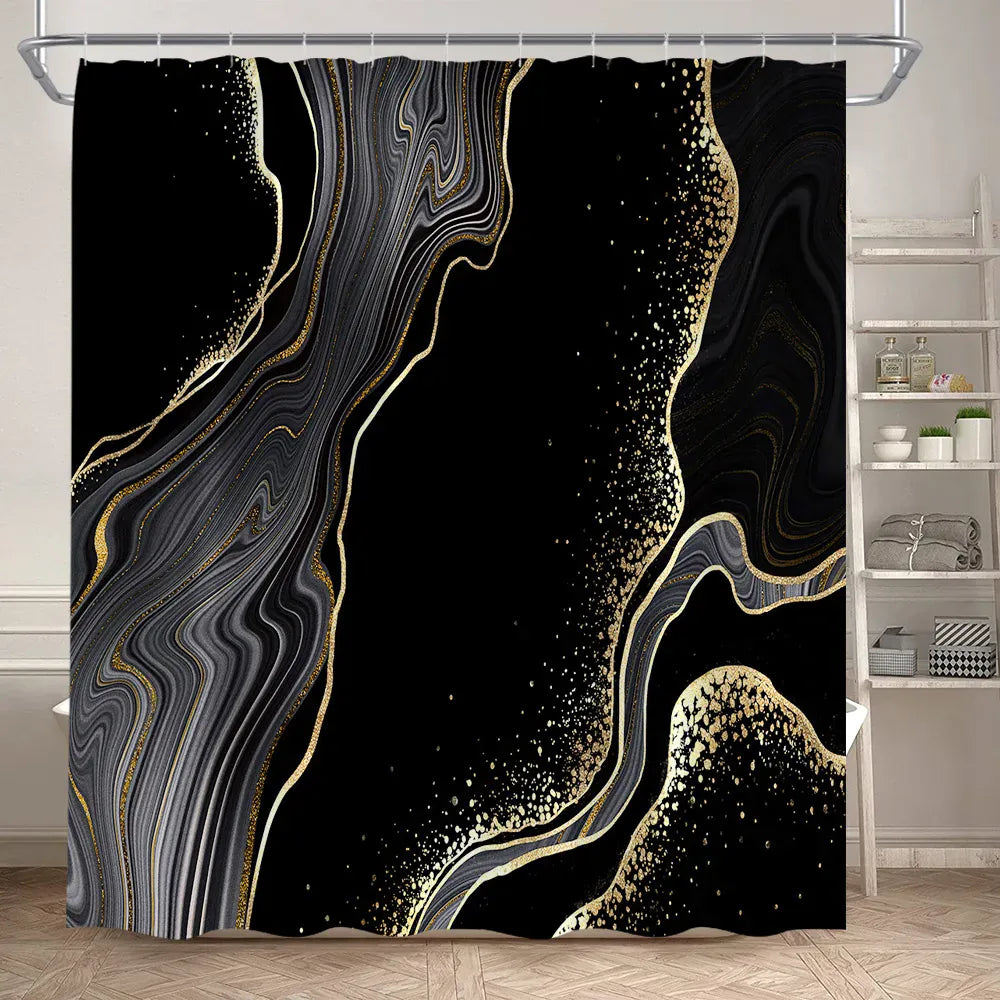2312AF / 90x180cm-35x70in Rideau de Douche Imperméable – Design Marbre Noir & Vert avec Détails Dorés Craquelés Modernes