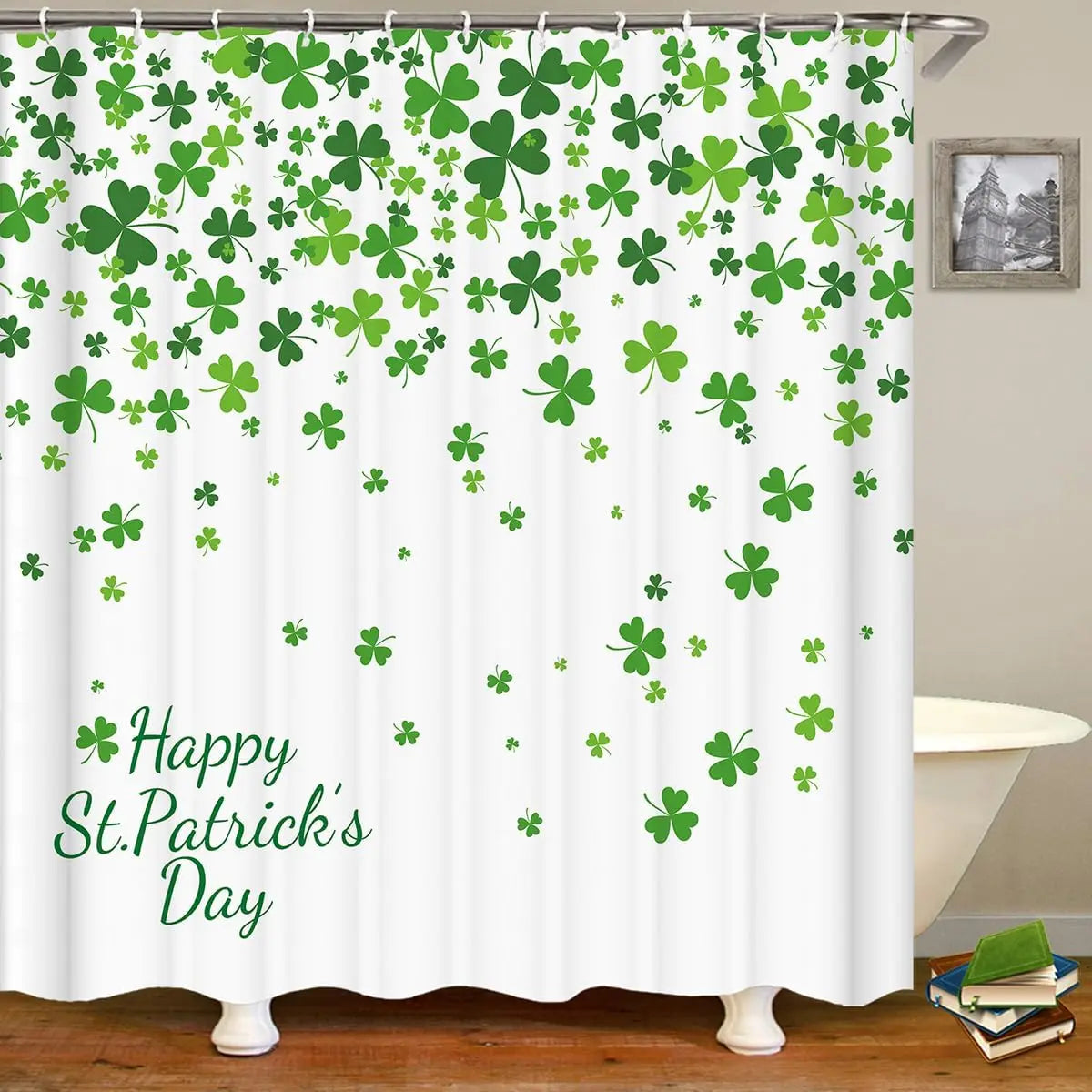 2508012159 / 200x180cm Rideau de Douche Saint-Patrick – Motif Trèfle Vert Shamrock, Étanche et Lavable en Machine