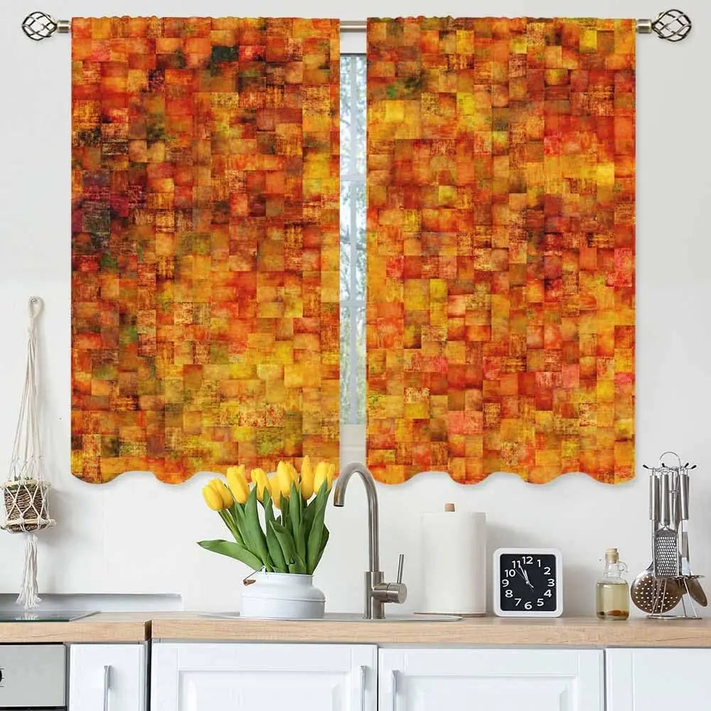 2508202186 / 53x116cm 2pc21x46in / Rod Pocket Rideaux Cuisine Orange Brique – Style Vintage à Petits Carrés Géométriques, Courts pour Salle de Bain ou Café