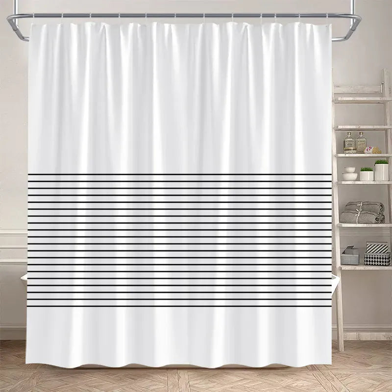 4190AF / 150x180cm-60x70in Rideau de Douche Minimaliste – Motif Géométrique Noir sur Blanc Étanche avec Crochets Inclus