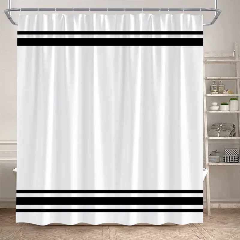 4192AF / 150x180cm-60x70in Rideau de Douche Minimaliste – Motif Géométrique Noir sur Blanc Étanche avec Crochets Inclus