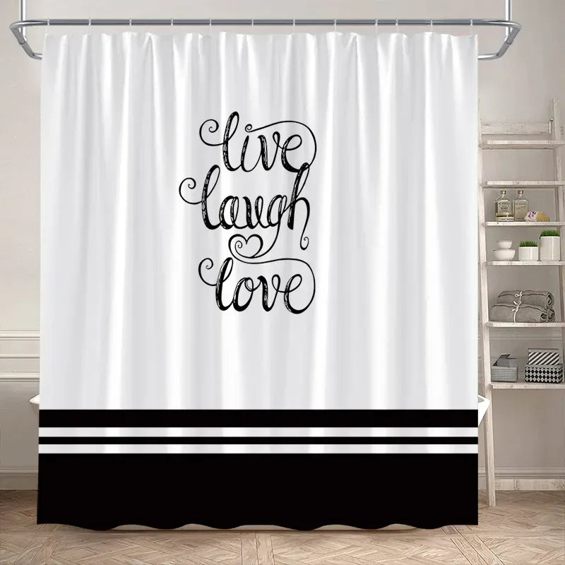 428BL / 180x210cm-70x83in Rideau de Douche Minimaliste – Motif Géométrique Noir sur Blanc Étanche avec Crochets Inclus