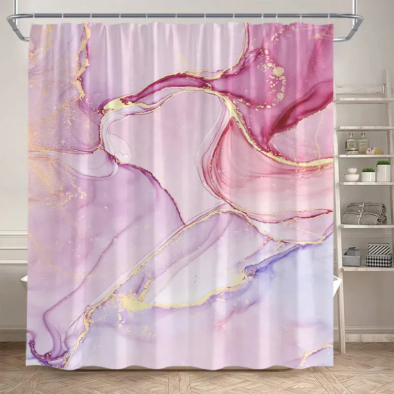 4436SD / 180x230cm-70x90in Rideau de Douche Imperméable – Design Marbre Noir & Vert avec Détails Dorés Craquelés Modernes