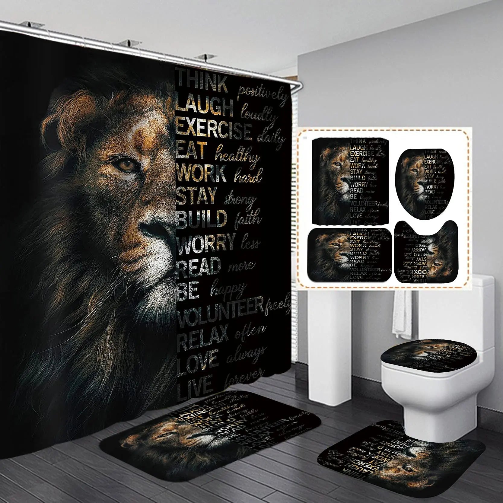 4Pcs-11 / W180xH220cm Ensemble Salle de Bain Lion – Rideau de Douche Noir Waterproof avec Tapis Antidérapants et Accessoires