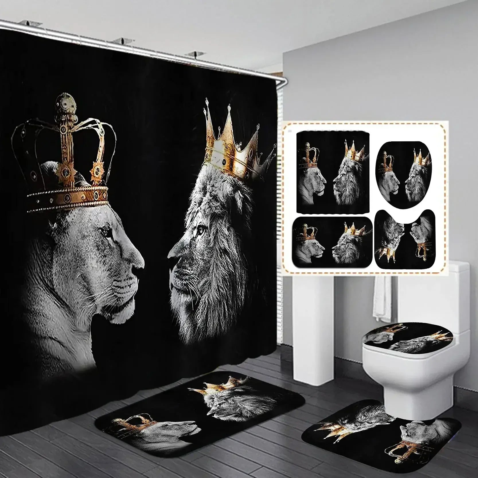4Pcs-13 / W90xH180cm(35x70 in) Ensemble Salle de Bain Lion – Rideau de Douche Noir Waterproof avec Tapis Antidérapants et Accessoires