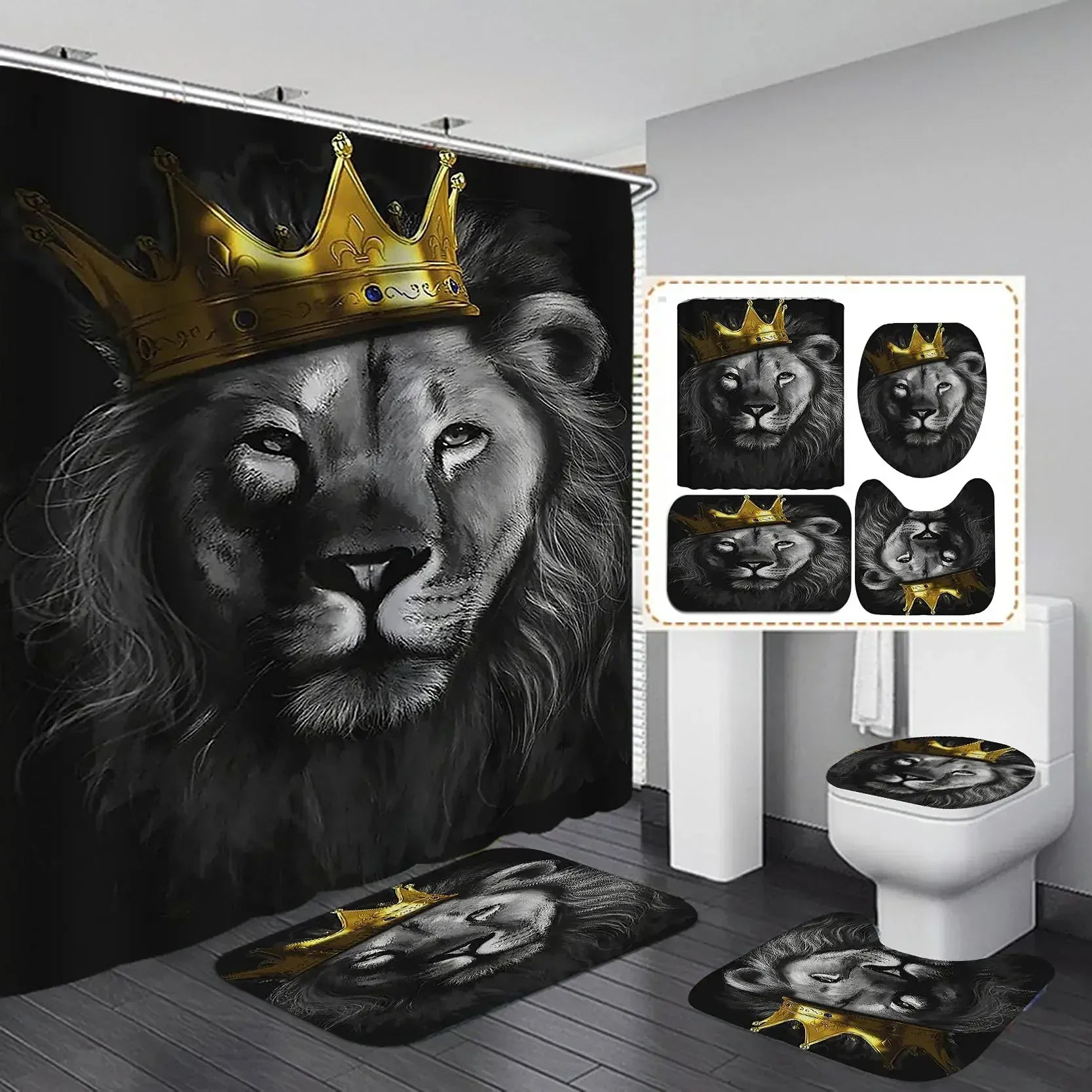 4Pcs-3 / W180xH220cm Ensemble Salle de Bain Lion – Rideau de Douche Noir Waterproof avec Tapis Antidérapants et Accessoires