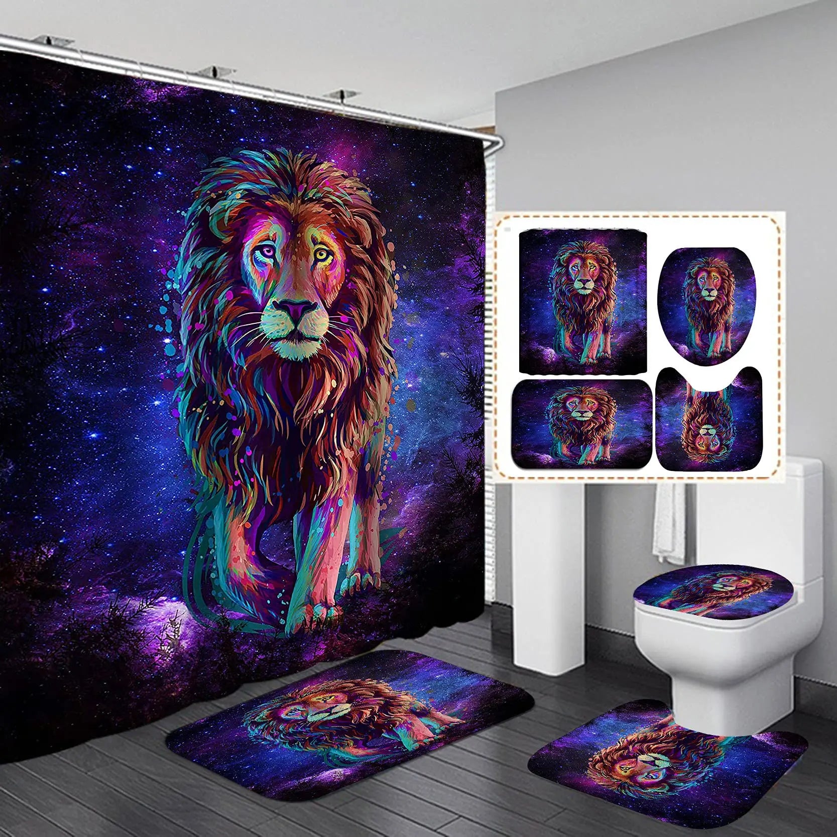 4Pcs-6 / W220xH180cm Ensemble Salle de Bain Lion – Rideau de Douche Noir Waterproof avec Tapis Antidérapants et Accessoires
