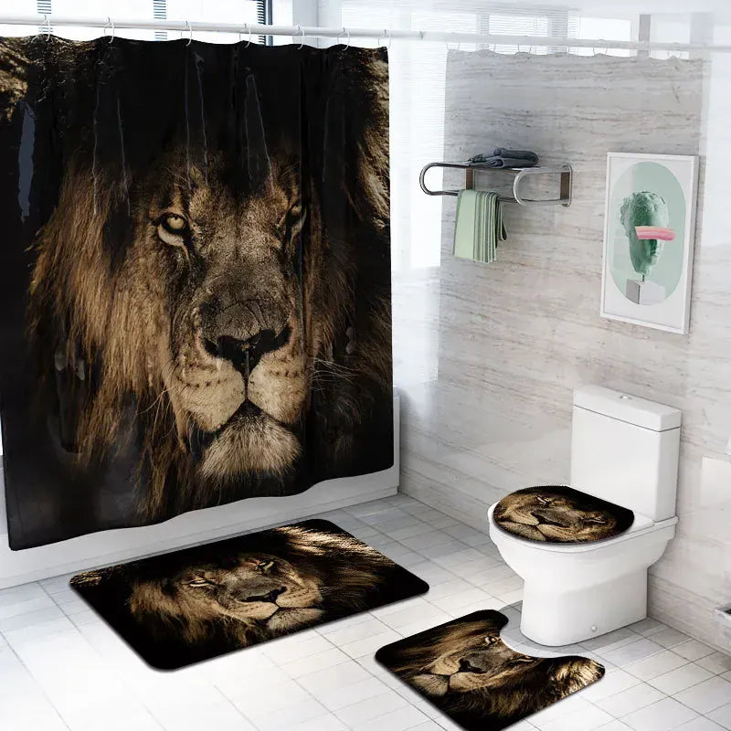 4Pcs-7 / W150xH180cm Ensemble Salle de Bain Lion – Rideau de Douche Noir Waterproof avec Tapis Antidérapants et Accessoires