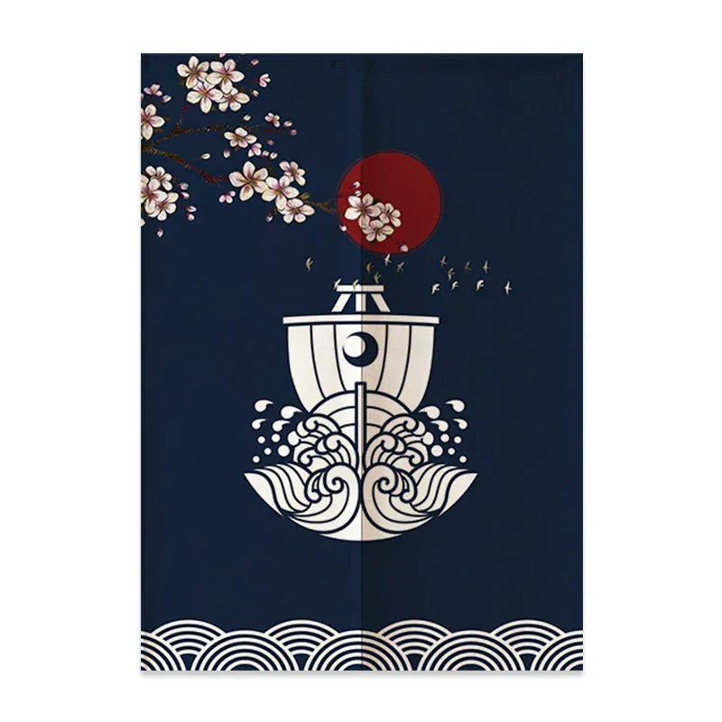 5 / 140x160cm Noren Japonais en Lin – Mont Fuji et Vagues, Rideau Demi-Porte pour Séparation Chambre, Cuisine ou Entrée