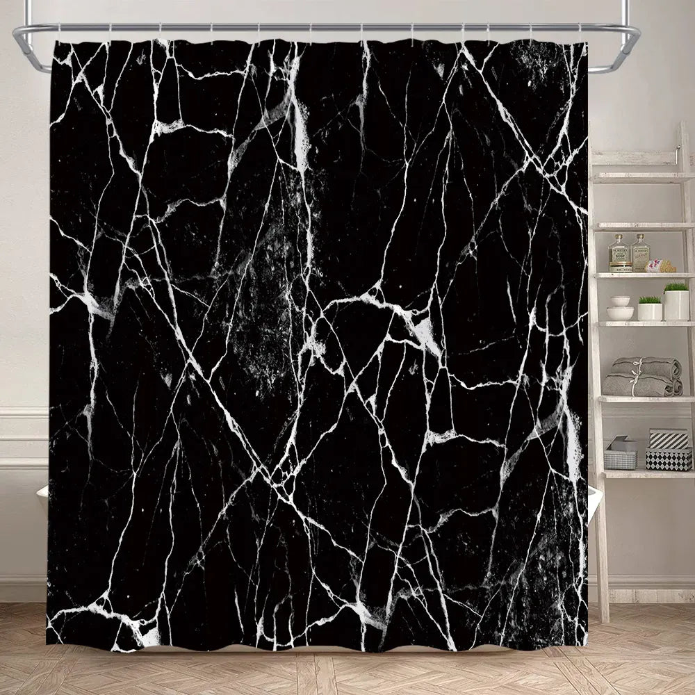 5601L / 240x180cm-94x70in Rideau de Douche Imperméable – Design Marbre Noir & Vert avec Détails Dorés Craquelés Modernes