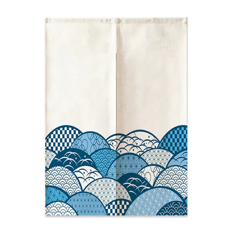 7 / 80x120cm Noren Japonais en Lin – Mont Fuji et Vagues, Rideau Demi-Porte pour Séparation Chambre, Cuisine ou Entrée
