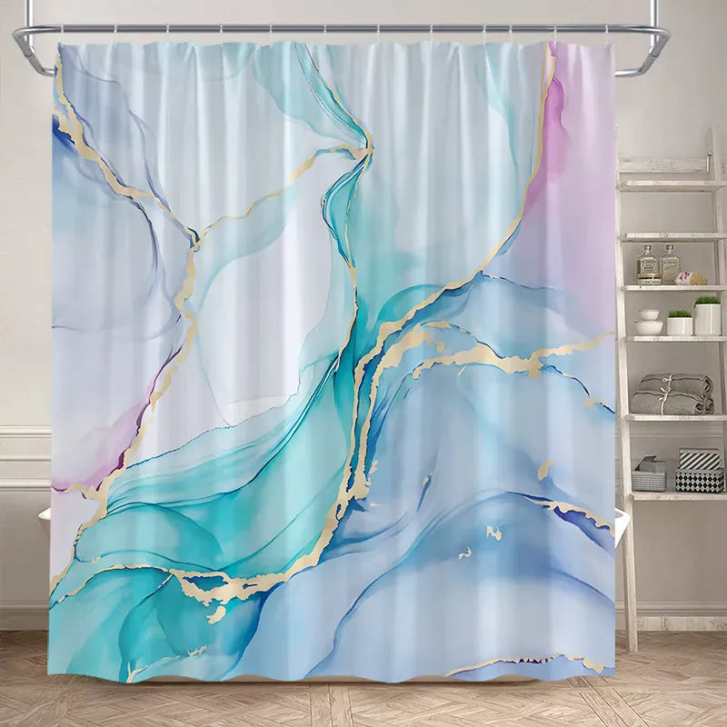 700SE / 180x200cm-70x78in Rideau de Douche Imperméable – Design Marbre Noir & Vert avec Détails Dorés Craquelés Modernes