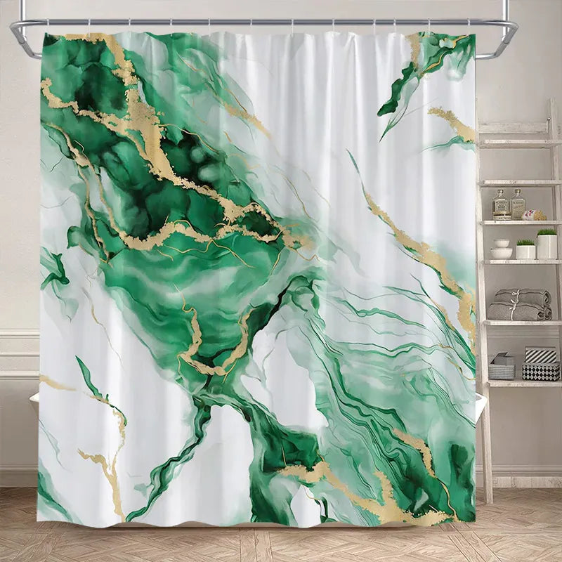 701SE / 180x230cm-70x90in Rideau de Douche Imperméable – Design Marbre Noir & Vert avec Détails Dorés Craquelés Modernes