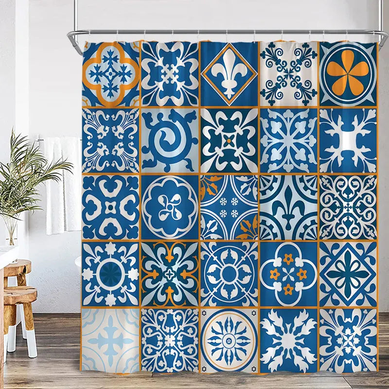 7554J / 170x180cm-68x70in Rideau de Douche Bohème Bleu – Mandala Indien Ethnique en Polyester avec Crochets Inclus