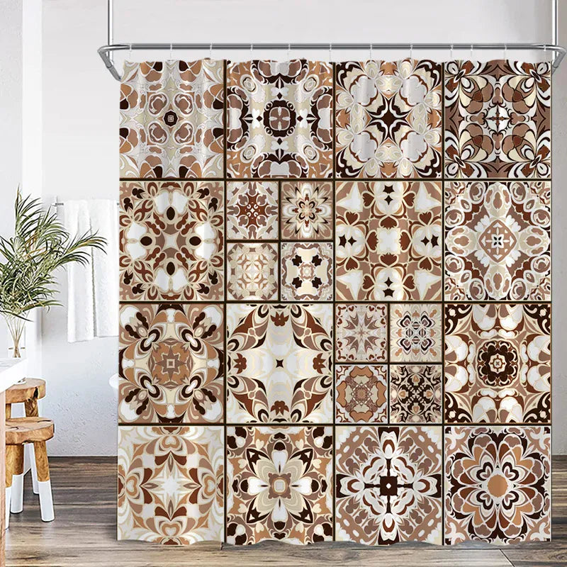 7557J / 170x180cm-68x70in Rideau de Douche Bohème Bleu – Mandala Indien Ethnique en Polyester avec Crochets Inclus