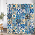 7561J / 170x180cm-68x70in Rideau de Douche Bohème Bleu – Mandala Indien Ethnique en Polyester avec Crochets Inclus
