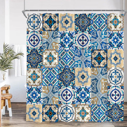 7561J / 170x180cm-68x70in Rideau de Douche Bohème Bleu – Mandala Indien Ethnique en Polyester avec Crochets Inclus