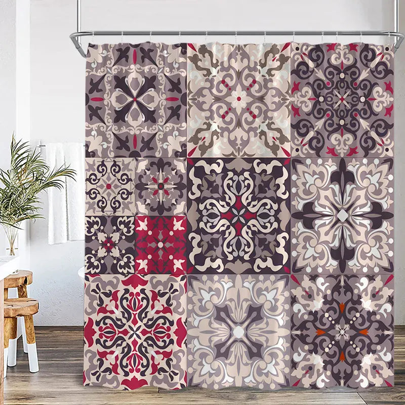 7562J / 90x180cm-35x70in Rideau de Douche Bohème Bleu – Mandala Indien Ethnique en Polyester avec Crochets Inclus