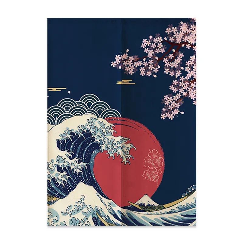 8 / 120x200cm Noren Japonais en Lin – Mont Fuji et Vagues, Rideau Demi-Porte pour Séparation Chambre, Cuisine ou Entrée