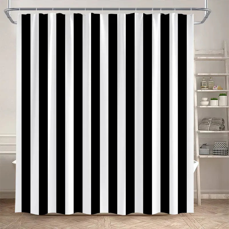 807AI / 180x210cm-70x83in Rideau de Douche Minimaliste – Motif Géométrique Noir sur Blanc Étanche avec Crochets Inclus
