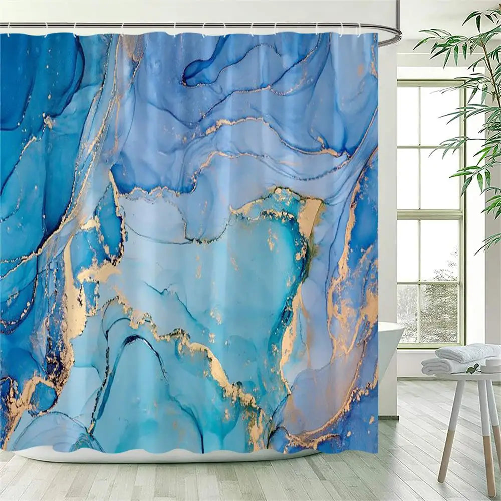 825SE / 180x210cm-70x83in Rideau de Douche Imperméable – Design Marbre Noir & Vert avec Détails Dorés Craquelés Modernes