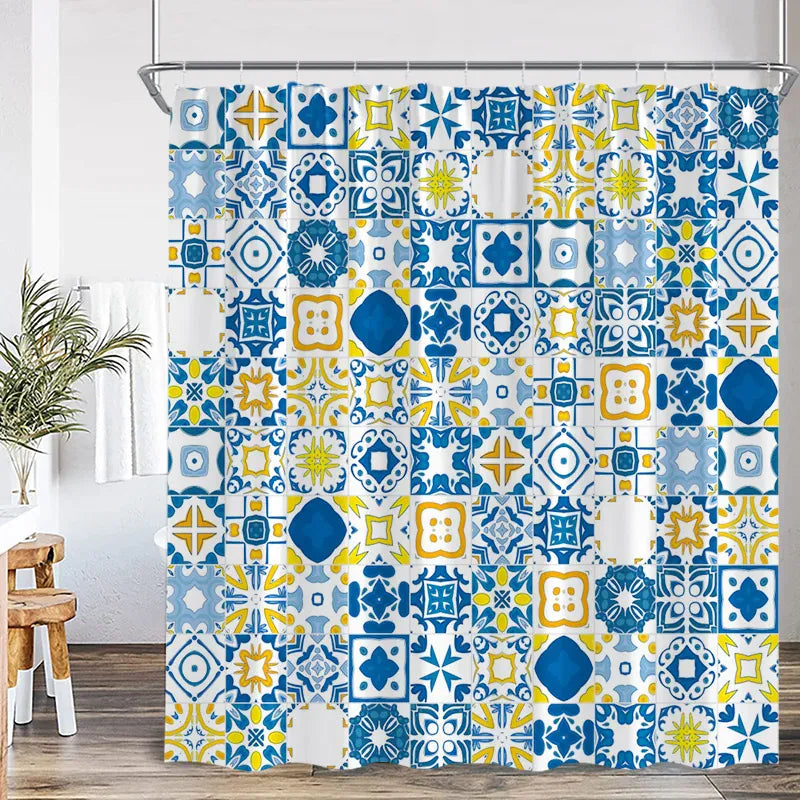 82771J / 90x180cm-35x70in Rideau de Douche Bohème Bleu – Mandala Indien Ethnique en Polyester avec Crochets Inclus