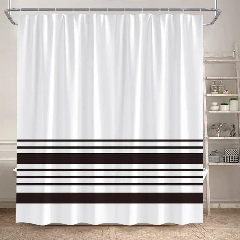 8286BL / 150x180cm-60x70in Rideau de Douche Minimaliste – Motif Géométrique Noir sur Blanc Étanche avec Crochets Inclus