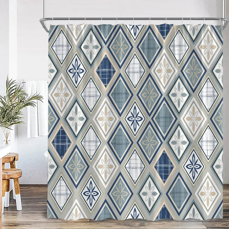 8442J / 240x180cm-94x70in Rideau de Douche Bohème Bleu – Mandala Indien Ethnique en Polyester avec Crochets Inclus