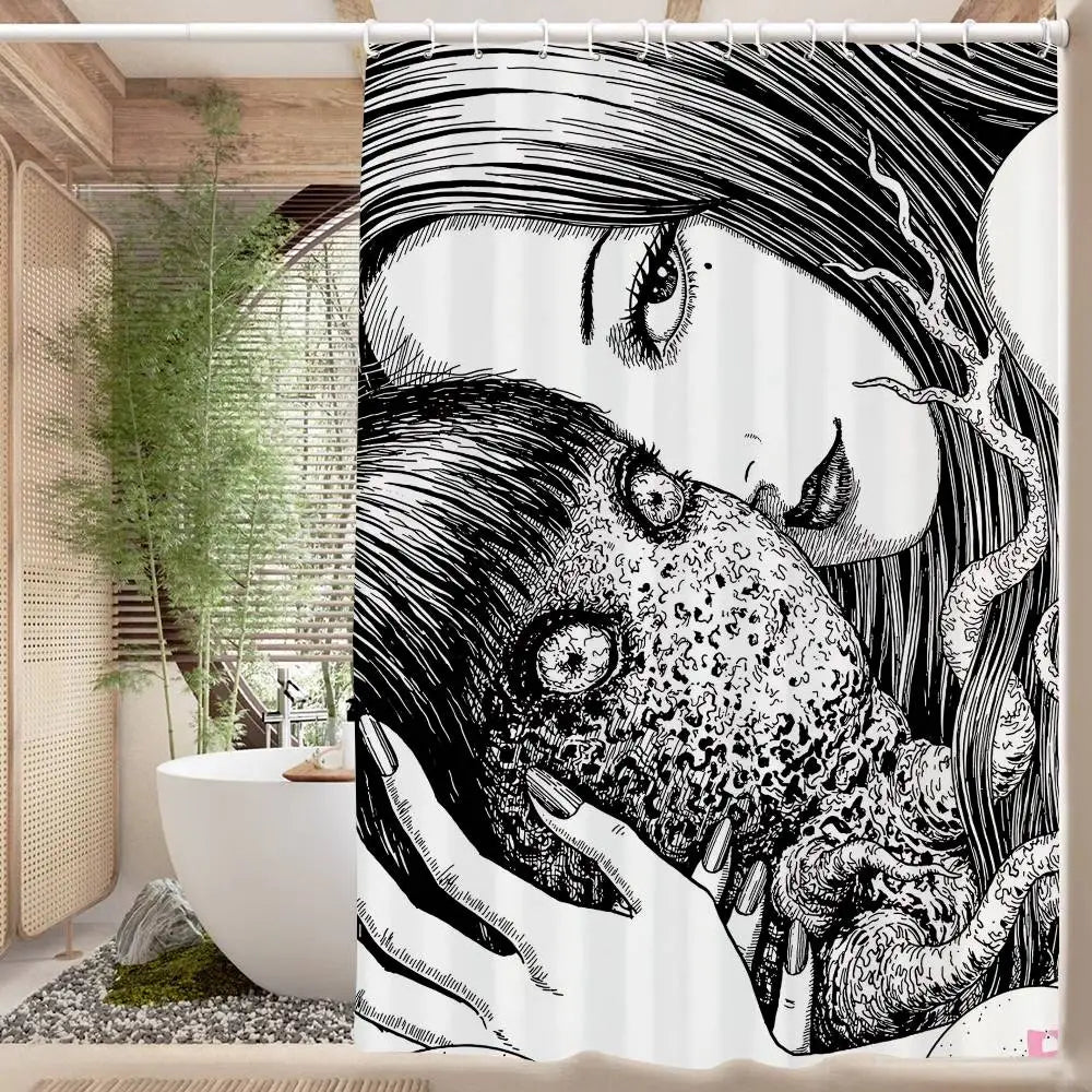 90x180 cm / z1 Rideau de Douche Junji Ito – Imprimé Tomie, Étanche et Lavable avec 12 Crochets Inclus