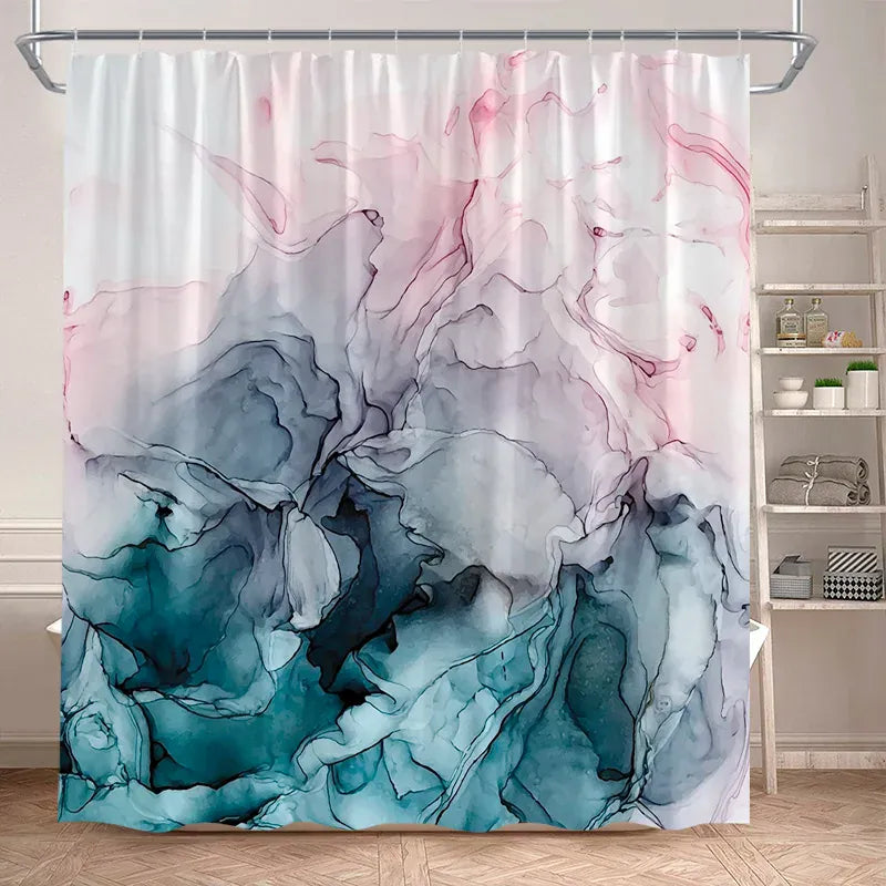 920SC / 90x180cm-35x70in Rideau de Douche Imperméable – Design Marbre Noir & Vert avec Détails Dorés Craquelés Modernes