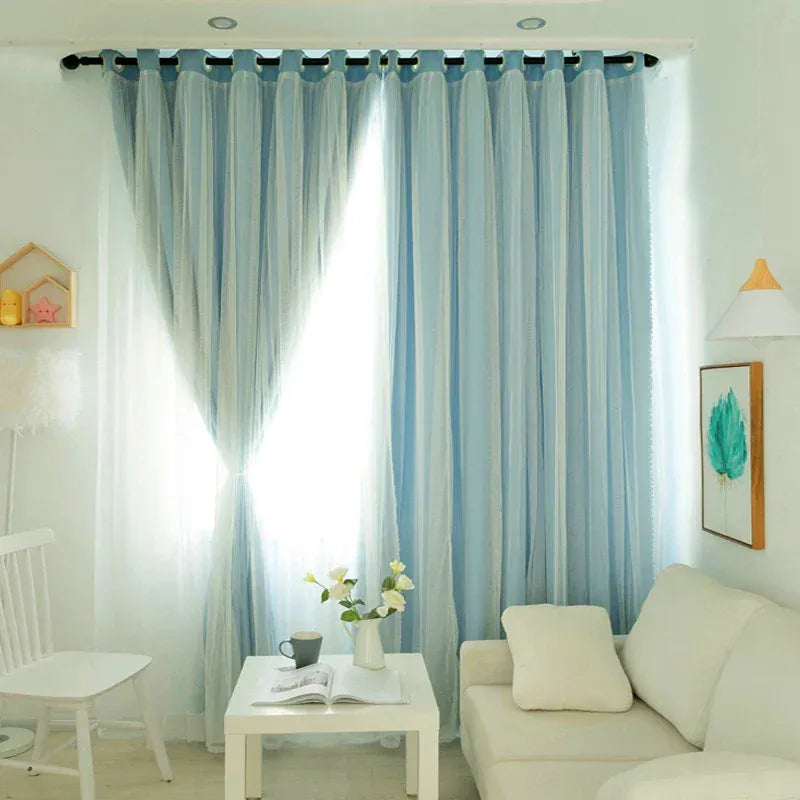 Blue / 1 PCS W100 x H150cm / Grommet Top Rideaux Occultants Double Épaisseur – Tissu Épais Isolant avec Dentelle, Anti-UV pour Salon & Chambre